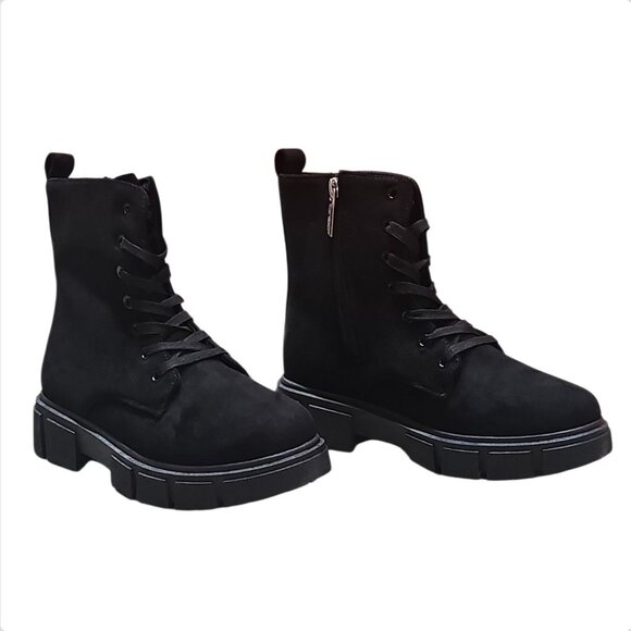 Shoes - Black Chunky Platform Lace-Up Ankle Boots With Side Zipper Faux Suede Material W